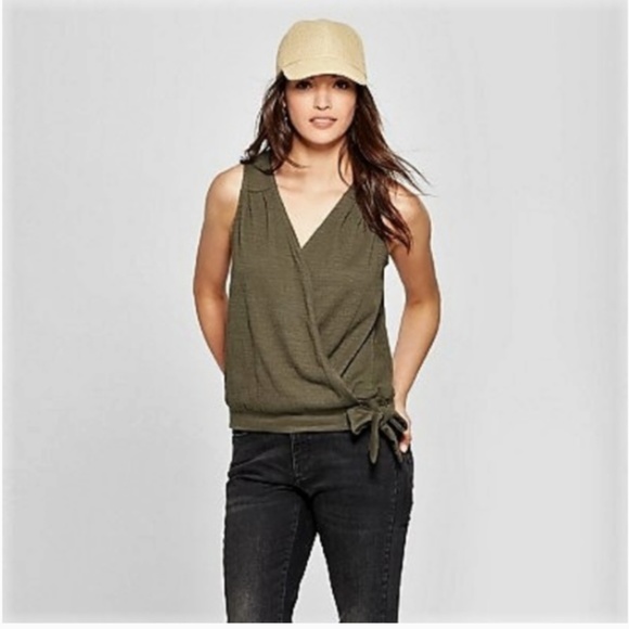 Olive Wrap Front Knot Blouse-64-111 - Picture 1 of 1
